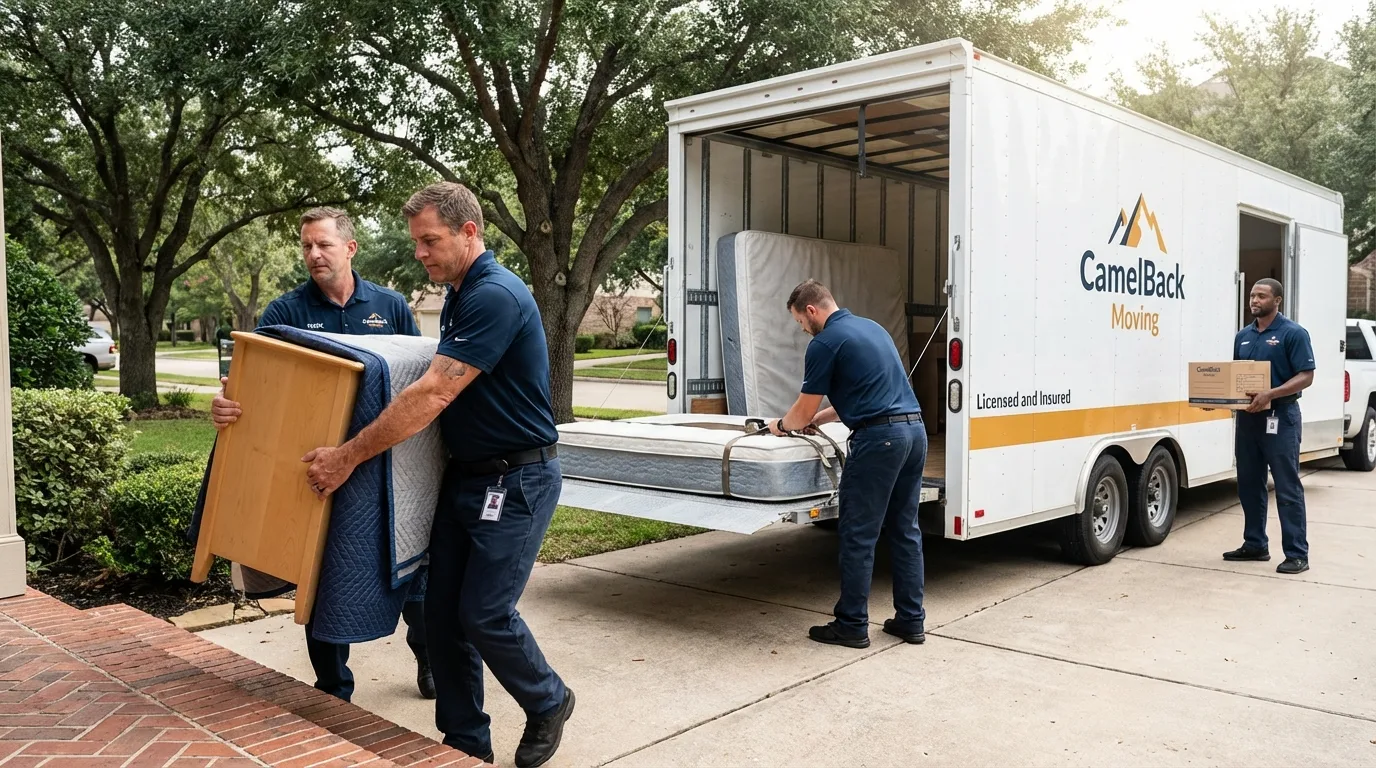 Crew loading residential truck for cross-state move from San Antonio, TX