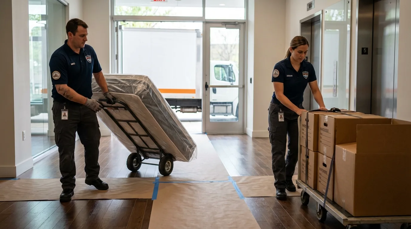Professional apartment movers loading elevator in San Antonio, TX